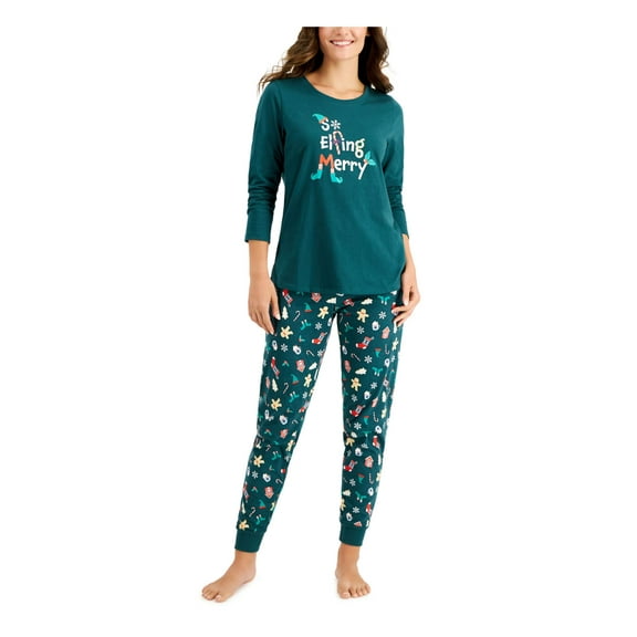 FAMILY PJs Sets Green Elastic Band Graphic Long Sleeve Round Neck T-Shirt Cuffed Sleepwear  Size L