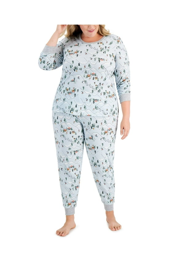 Sets Light Blue Elastic Band Graphic Long Sleeve Crew Neck T-Shirt Cuffed Everyday Size 1X