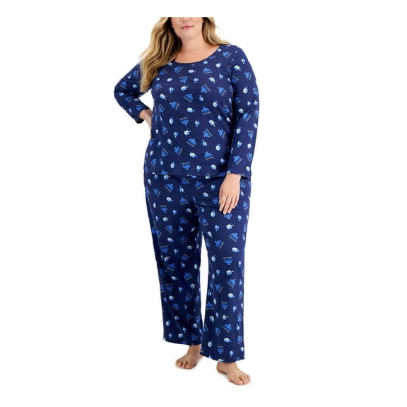 FAMILY PJs Sets Navy Knit Elastic Band Printed Long Sleeve Round Neck Straight leg Everyday  Size 1X