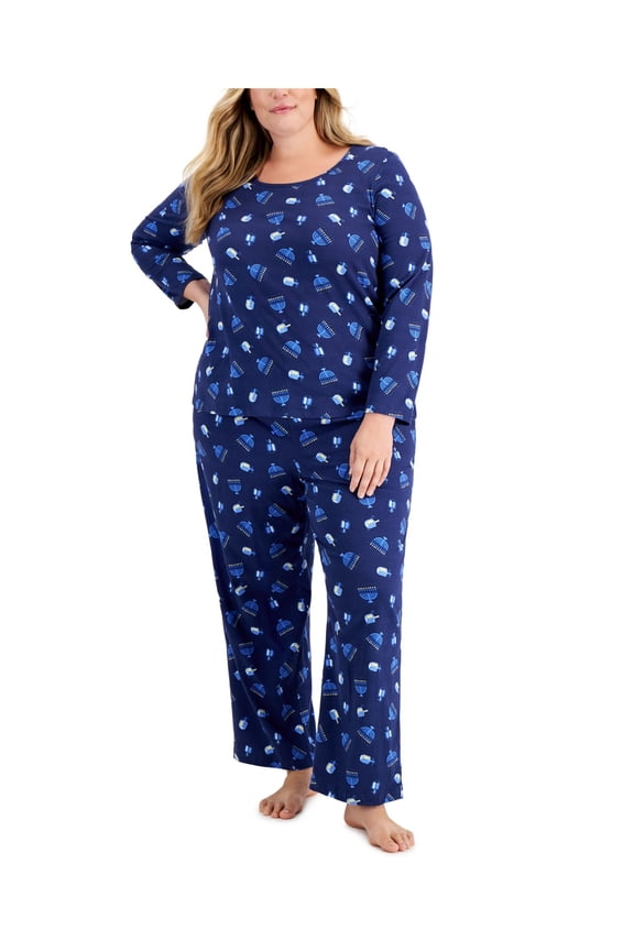 Sets Navy Knit Elastic Band Printed Long Sleeve Round Neck Straight leg Everyday Size 1X