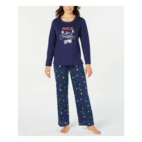 FAMILY PJs Sets Navy Printed Long Sleeve Scoop Neck T-Shirt Straight leg Sleepwear Size L
