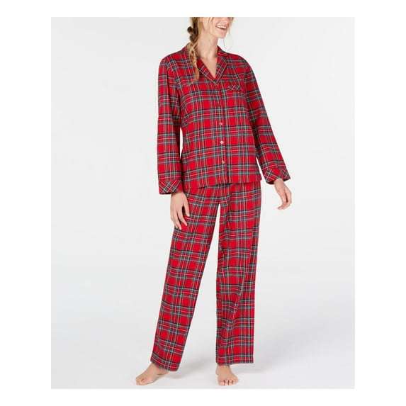 FAMILY PJs Sets Red Flannel Notched Collar Printed Long Sleeve V Neck Button Up Straight leg Everyday Size M