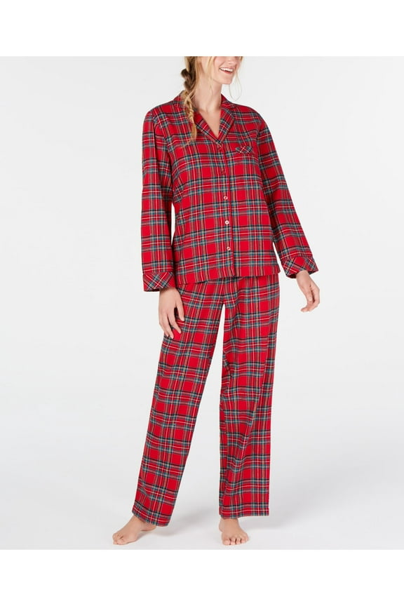 Sets Red Flannel Notched Collar Printed Long Sleeve V Neck Button Up Straight leg Everyday Size XXL