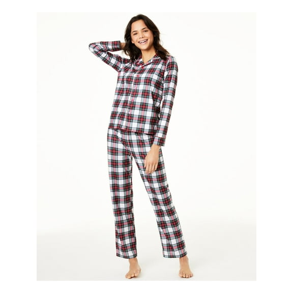 FAMILY PJs Sets White Knit Elastic Band Plaid Long Sleeve V Neck Button Up Straight leg Everyday Size S