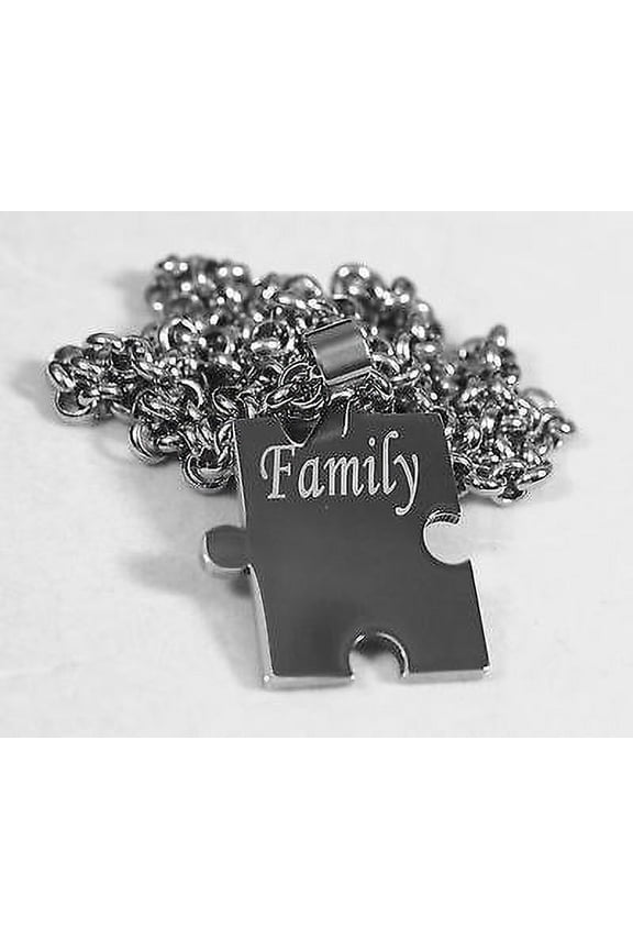 FAMILY PUZZLE PIECE X 4 TAGS ,NAMES, SOLID STAINLESS STEEL ROLO CHAIN NECKLACE