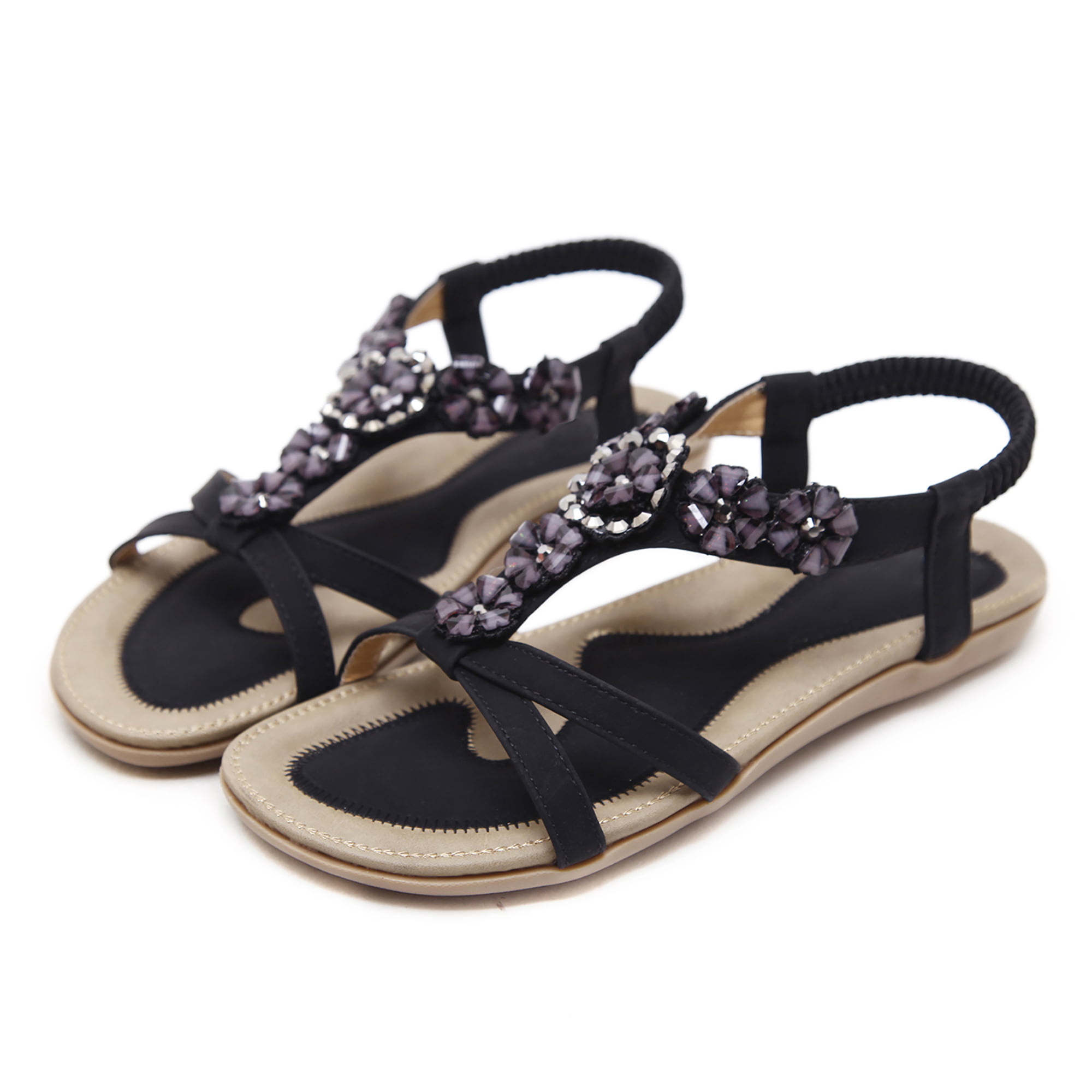 Kommuner Helt vildt Mægtig FAMITION Boho Flat Sandals for Women Casual Summer Beach Beaded Ankle Strap  Comfort Sandals Dress Shoes Black 7 - Walmart.com