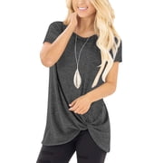 FAMITION Casual Cute Short Sleeve T Shirts for Women Summer Twist Knotted Blouse Tunic Tops