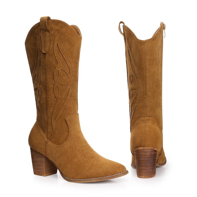 FAMITION Cowboy Boots for Women Embroidered Western Cowgirl Mid