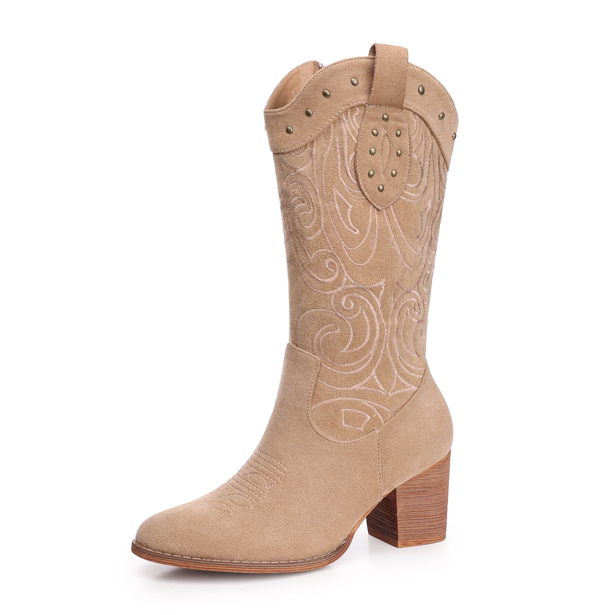 FAMITION Cowboy Boots for Women Pointed Toe PullOn Cowgirl Boots Mid