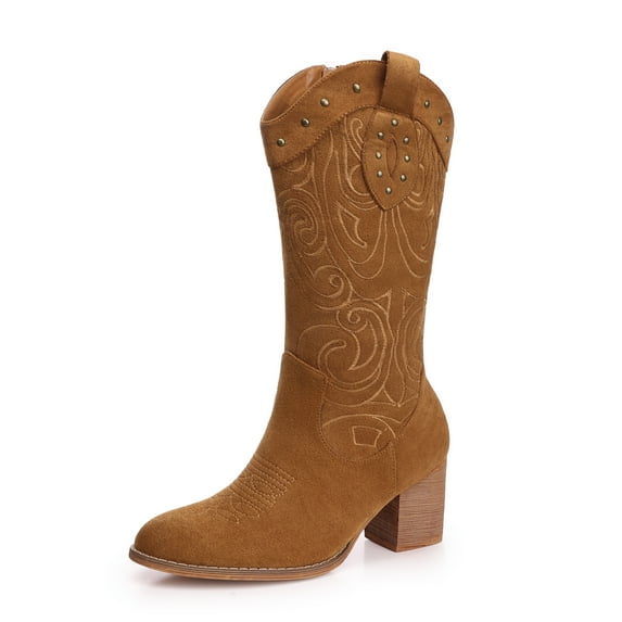 FAMITION Cowboy Boots for Women Pointed Toe Pull-On Cowgirl Boots Mid Calf Western Embroidered Booties Brown 8.5