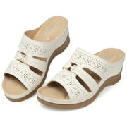 FAMITION Womens Summer Wedge Sandals Brown Slides for Women Beach Bohemia Comfortable Wedges Ladies Elegant Casual Platform Shoes