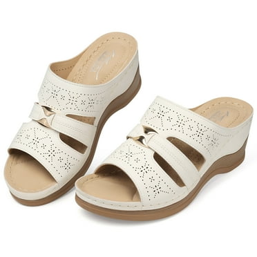 FAMITION Sandals for Women Summer Bohemia Comfortable Open Toe Wedge Sandal Ladies Beach Hollow Out Slip On Platform Outdoor White Shoes