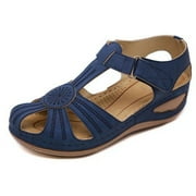 FAMITION Wedge Sandals for Women Comfortable Closed Toe Sandals Casual Summer Ankle Strap Platform Heel Sandals Dressy Shoes Blue Size 8