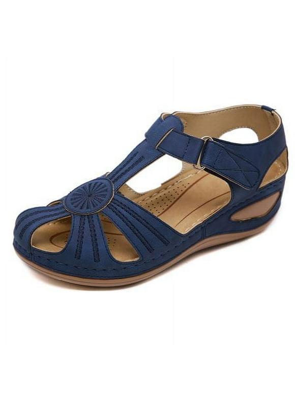 FAMITION Wedge Sandals for Women Comfortable Closed Toe Sandals Casual Summer Ankle Strap Platform Heel Sandals Dressy Shoes Blue Size 8