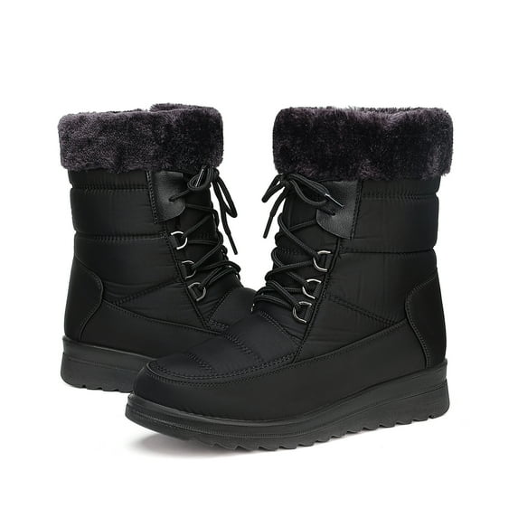 FAMITION Winter Snow Boots for Women Waterproof Warm Faux Fur Lined Ankle Booties Comfortable Slip on Mid Calf Black Boot Winter Outdoor Shoes Black Size 8