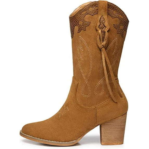FAMITION Women Cowboy Boots for Women Western Cowgirl Boots with Chunky Heel Round Toe Boots Mid Calf Boots Embroidered Boots