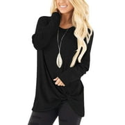 SHIBEVER FAMITION Women Long Sleeve Tops Fall Fashion Twist Knot T Shirts Casual Loose Fit Tunics Tops Cute Crewneck Color Block Ladies Tops Blouse Black