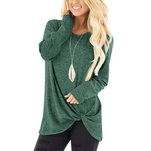 FAMITION Women Long Sleeve Tops Fall Fashion Twist Knot T Shirts Casual Loose Fit Tunics Tops Cute Crewneck Color Block Ladies Tops Blouse Green