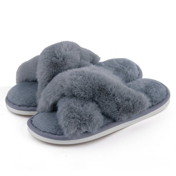 FAMITION Women's Fuzzy slippers Cross Band Soft Plush Cozy House Slippers Indoor and Outdoor Shoes