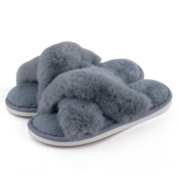 FAMITION Women's Fuzzy slippers Cross Band Soft Plush Cozy House Slippers Indoor and Outdoor Shoes