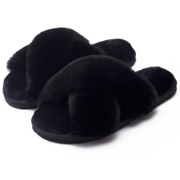 FAMITION Women's Fuzzy slippers Cross Band Soft Plush Cozy House Slippers Indoor and Outdoor Shoes