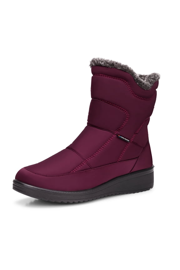 FAMITION Women's Winter Snow Boots Waterproof Mid Calf Non Slip Faux Fur Lined Flat Ankle Snow Boot Red Sneakers