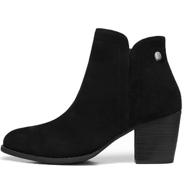 FAMITION Womens Chunky Heel Ankle Boots Faux Suede Booties Dressy Shoes Slip on Side Zippers Pointed Toe Black 5