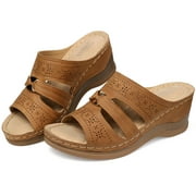 FAMITION Womens Summer Wedge Sandals Brown Slides for Women Beach Bohemia Comfortable Wedges Ladies Elegant Casual Platform Shoes