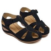 FAMITION Womens Wedge Sandals Summer Closed Toe Sandals Comfortable Ankle Strap Wedge Heel Dressy Vintage Platform Sandals Black Size 9