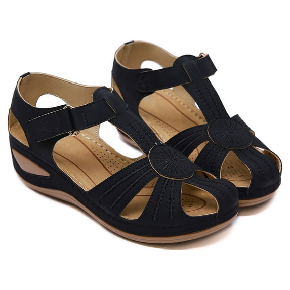 FAMITION Womens Wedge Sandals Summer Closed Toe Sandals Comfortable Ankle Strap Wedge Heel Dressy Vintage Platform Sandals Black Size 9