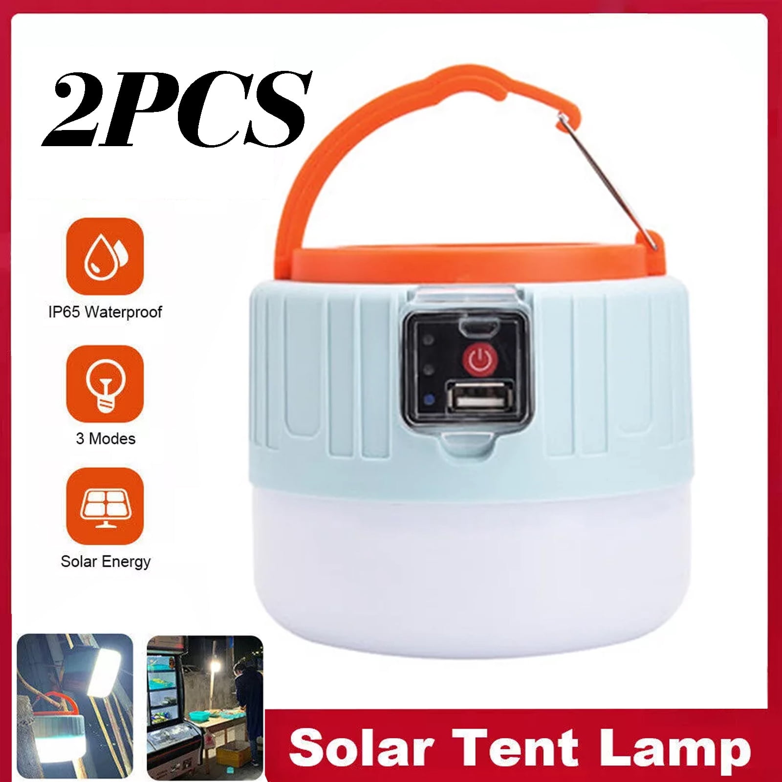 FAMKIT 2 Pack Camping Lantern, USB Rechargeable Outdoor Waterproof Solar Camping Lights for Hurricane Power Outages Home