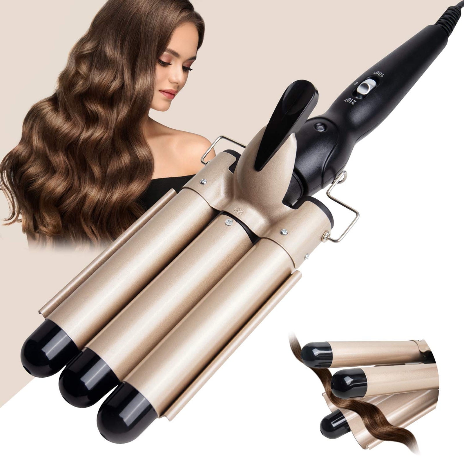 FAMKIT 3 Barrel Curling Iron Hair Wand, 1" Ceramic Triple Barrels Hair Crimper, Hair Waver Styling Tools for Women, Gold