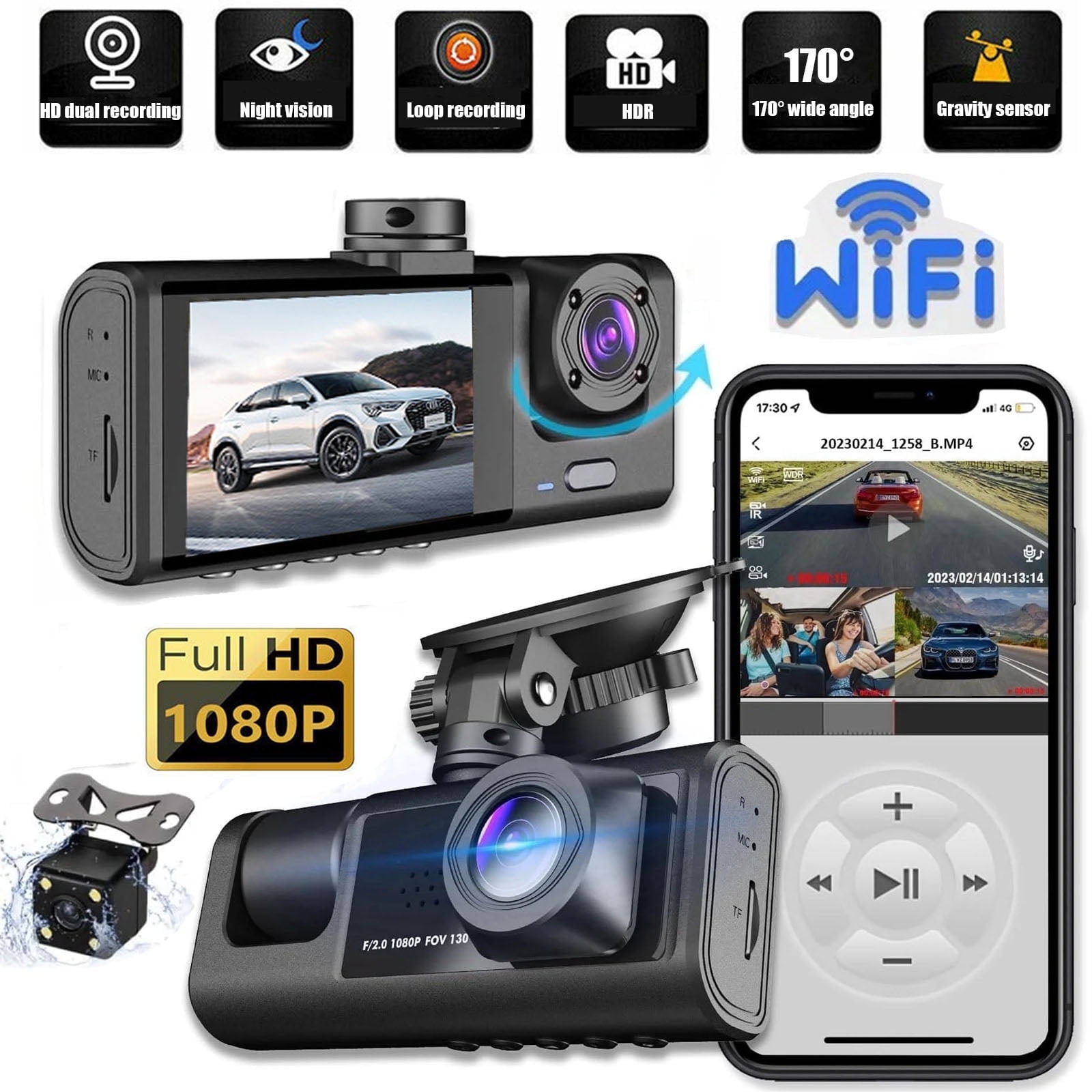 FAMKIT 3 Channel Dash Cam, Dashcam Front and Rear Camera, Loop Recording \u0026 Gravity Sensor \u0026 Park Monitoring, Dash Cam Front and Rear Wifi Camera, Car Camera Backup Camera for Uber, Suit Car Parking