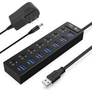 FAMKIT 7-Port Powered USB Hub 3.0, USB Data Hub Adapter with Smart Charging Port and Individual Switches and 5V/2A Power Adapter USB Extension for MacBook