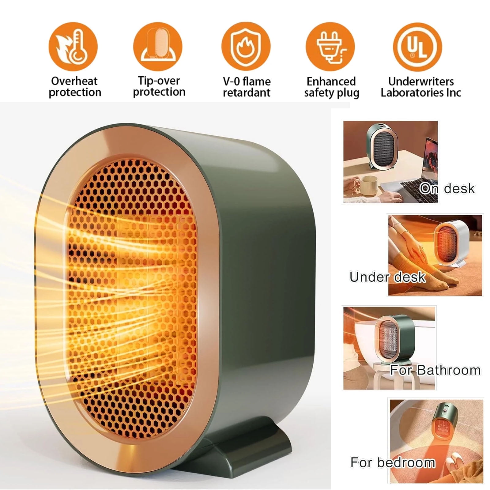 Electric Space Heater, 1200W Personal Desk Heater, Portable Energy Efficient Indoor Heaters, Two-Speed & Overheating Protection, Fast Quiet Heating for Small Room, Bedroom and Office Use, Green