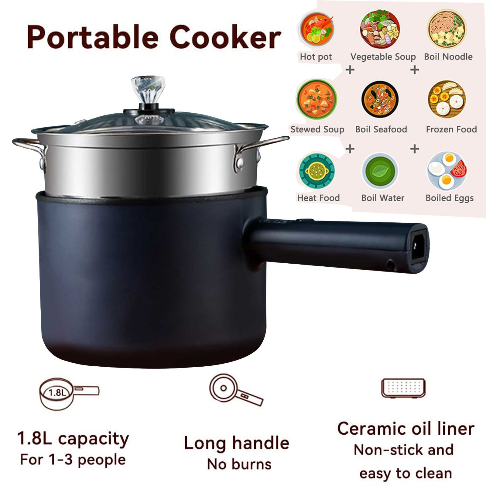 FAMKIT Electric Hot Pot with Steamer, 1.8L Non-Stick Multifunctional Portable Rapid Cooker, Adjustable Mode, for Noodles Soup Egg Rice Oatmeal Dorm Room Essentials, Blue