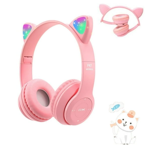 Cat Ear Kids Bluetooth Headphones for Girls Children Teens, LED Light Up Wireless Foldable Stereo Headphones, Over-Ear Headsets with Mic, Cat Ear Headphones for School, Xmas, Birthday, Gift, Pink