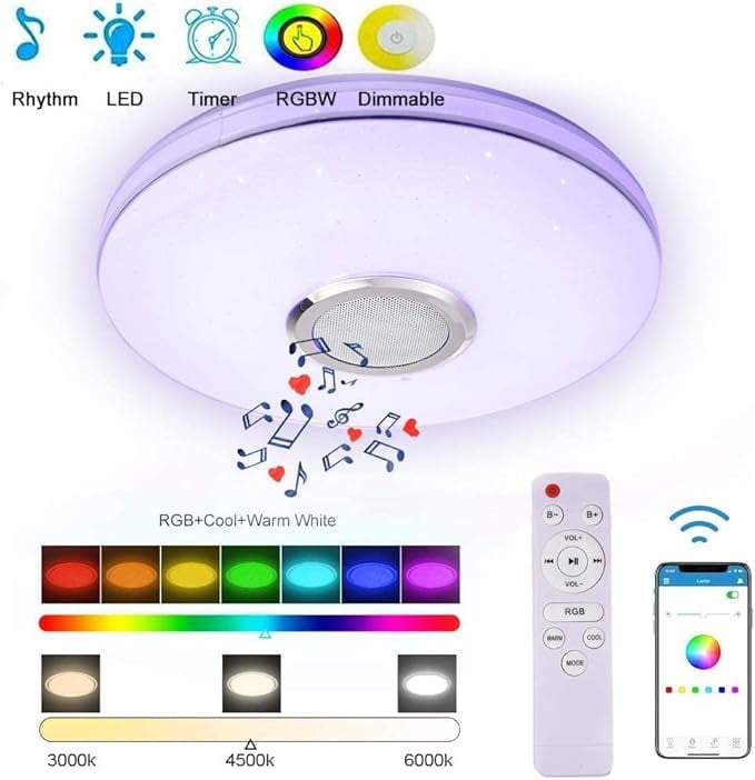 FAMKIT LED Music Ceiling Light with Bluetooth Speaker, 36W Dimmable Ceiling Lamp with Remote Control, Smart RGB APP Control Color Changing Light for Bedroom Bathroom