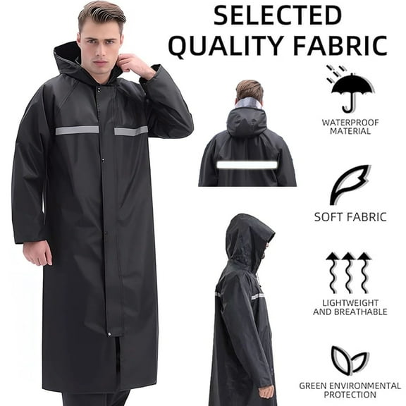 FAMKIT Long Rain Jacket, Waterproof Raincoat with Hood and Reflective Strip, Men's Lightweight Reusable Loose Rainwear for Adult Rainday Outdoor Activity, Universal