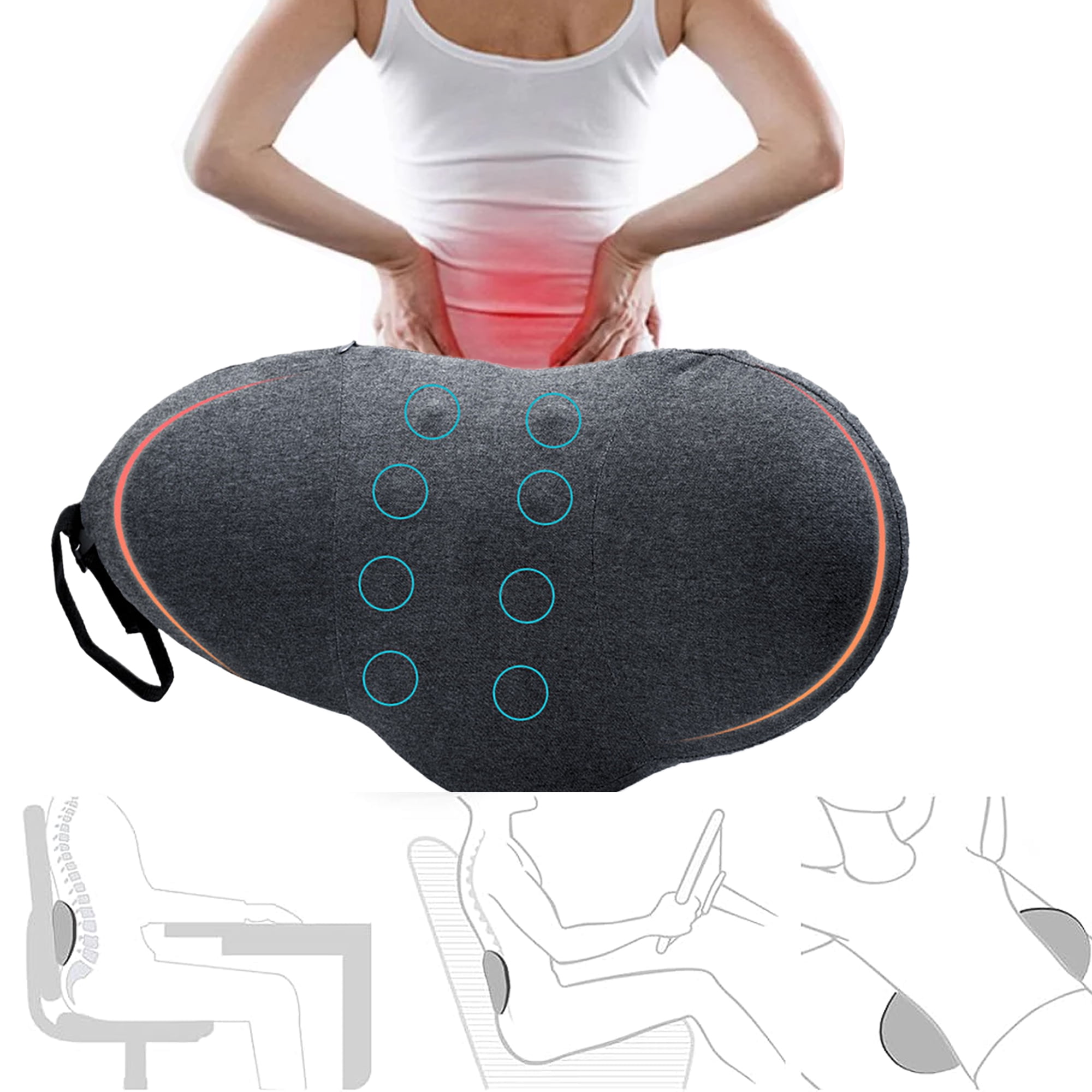 FAMKIT Ergonomic Lumbar Support Pillow for Car, Bed, Office, Recliner. Memory Foam Relief for