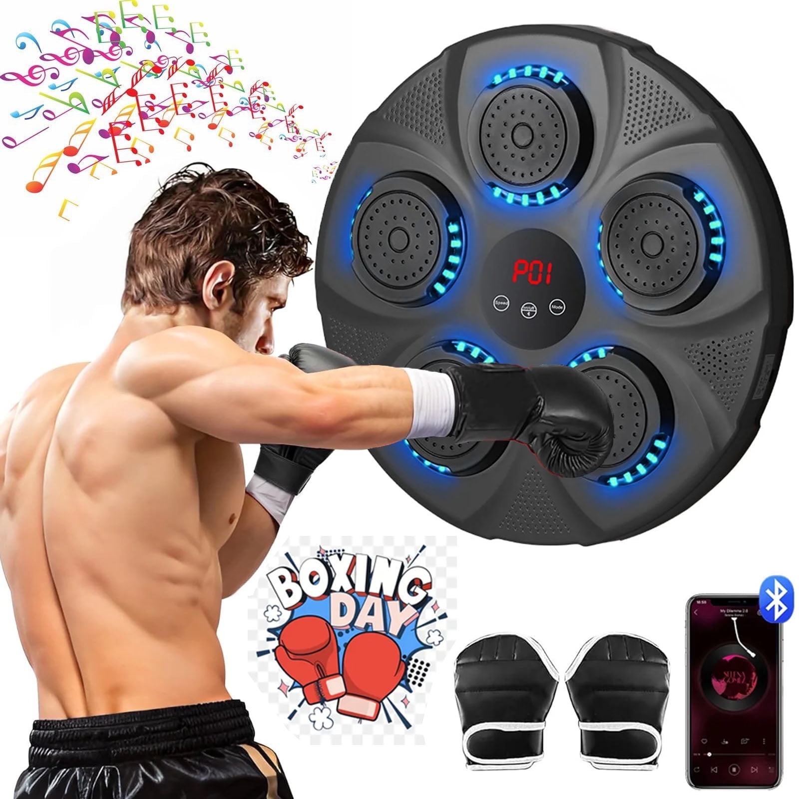 Macchina Da Boxe Musicale Con LED E Bluetooth – 9 Livelli, Guantoni Inclusi, Montaggio A Parete, Per Bambini E Adulti