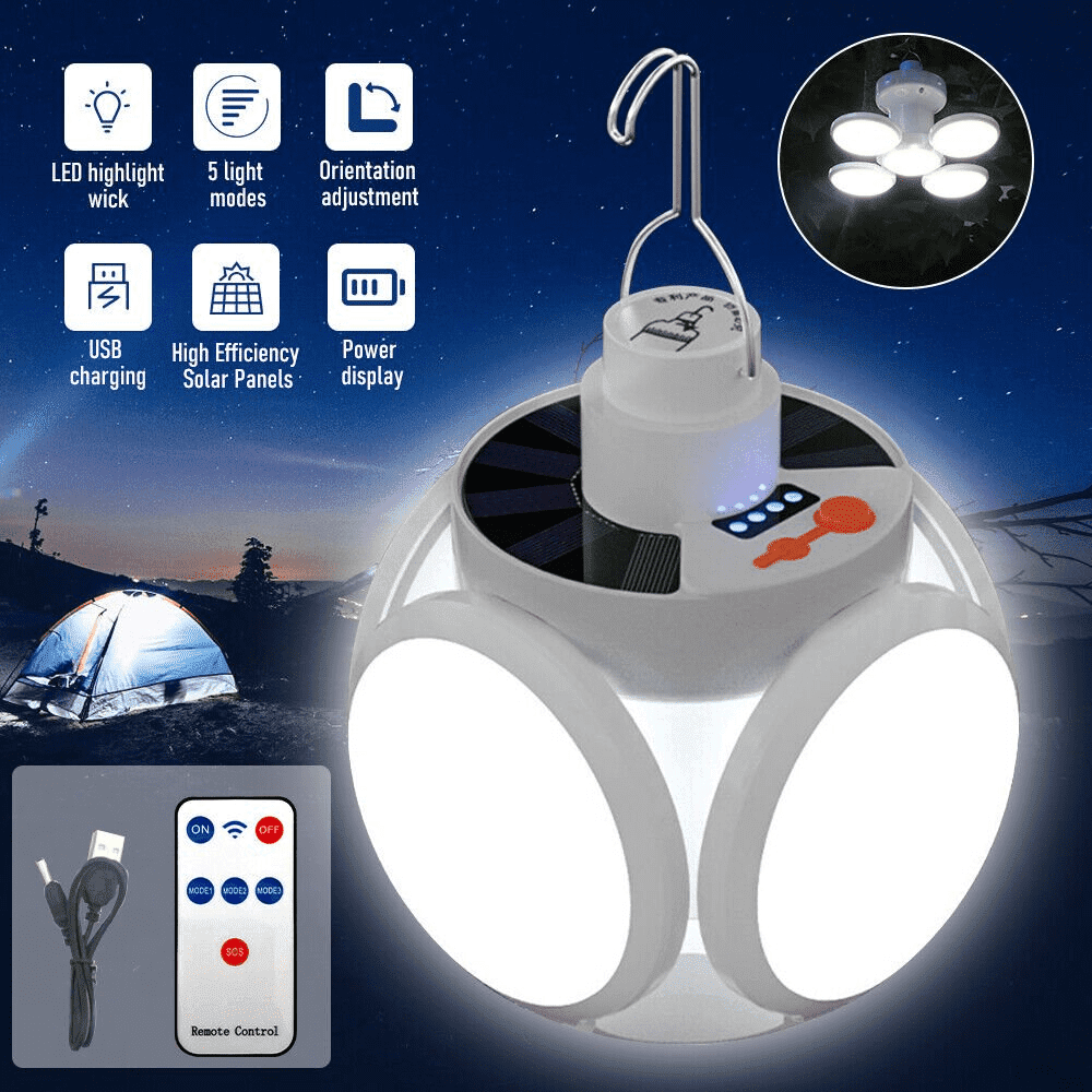 Rechargeable Solar Camping Lantern with Hook, LED Emergency Light with Remote Control, 5 Light Modes Solar/USB Charging Lantern, Hanging Foldable Lamp for Tent/Hiking/Emergency Power Outage