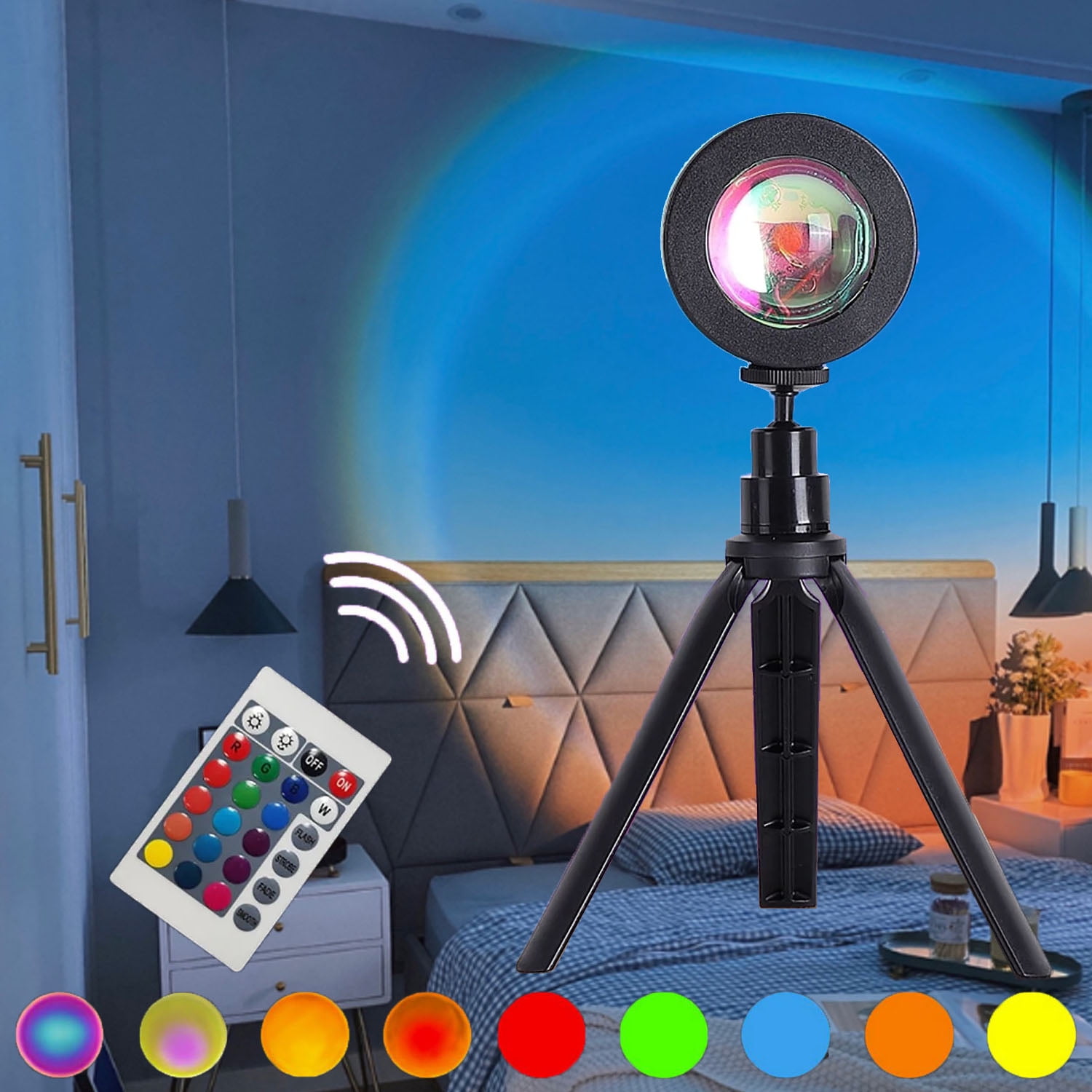 FAMKIT Sunset Lamp Projector, 16 Colors Sunset Lamp with Remote Control, 360 Degree Rotation LED Sunset Projection Lamp Fade Mode, for Photography/Party/Gift/Home Room Decor