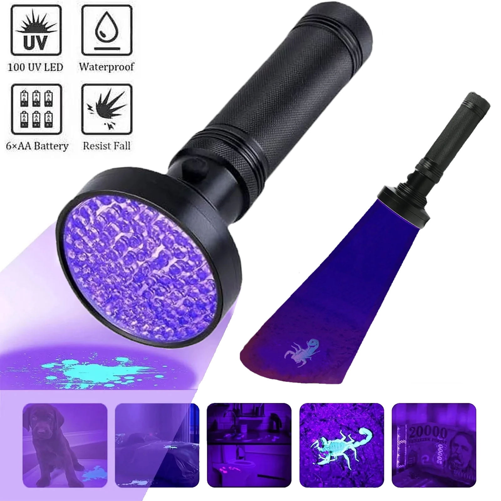 FAMKIT UV Flashlight Black Light, 100 LED Ultra Violet Handheld Flashlights, 395 nM Detector Ultraviolet Torch for Pet Dog Urine, Stains, Bed Bug, Scorpions, Black