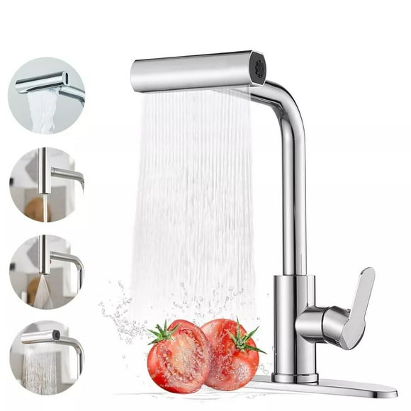 FAMKIT Kitchen Faucet, Waterfall Kitchen Sink Faucet with Pull Down Sprayer, 4 Modes & 360 Rotatable Stainless Steel Single Handle Sink Mixer Taps, for Kitchen Sink, Bar, Laundry, Rv