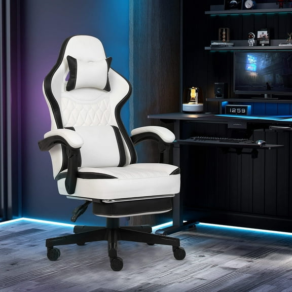 FAMOYI Gaming Chairs with Footrest, Leather Adjustable Swivel Reclining with Headrest and Lumbar Support