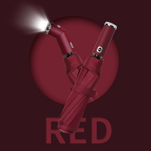 FAMTKT 10 Bone,Fully Automatic,Three-Fold Umbrella,Rotatable LED Flashlight,Wind Resistant Business Travel Umbrella in Wine Red for Outdoor Running,Hiking,Camping,Night Lighting