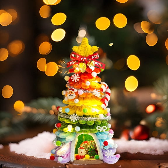 FAMTKT 10" DIY handmade Lighted Mini Christmas Tree Small Desktop Christmas Tree with 20 LED Cones and Christmas Decorations
