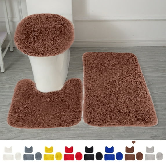 FAMTKT 3 Piece Bathroom Rug Set Includes Bath Rug, Contour Mat and Toilet Lid Cover Super Soft Non Slip Bathtub Carpet and Absorbent Bath Mat Plush Bath Mat for Bathroom, Brown on Clearance