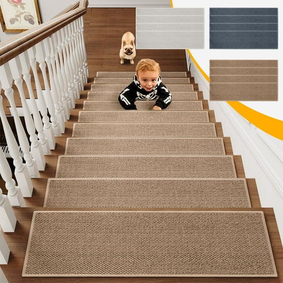 FAMTKT 8x30in Stair Carpet Treads Flax Non Slip Stair Treads 4 Pack Quality Material with Rubber Backing Indoor Washable Stair Mats for Wooden Steps Pet Kids Friendly Stair Rug